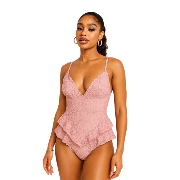 ASOS LUXE Pink 3D Floral Ruffle Peplum Sleeveless Cami Camisole Swimsuit Size 14 - Picture 1 of 6